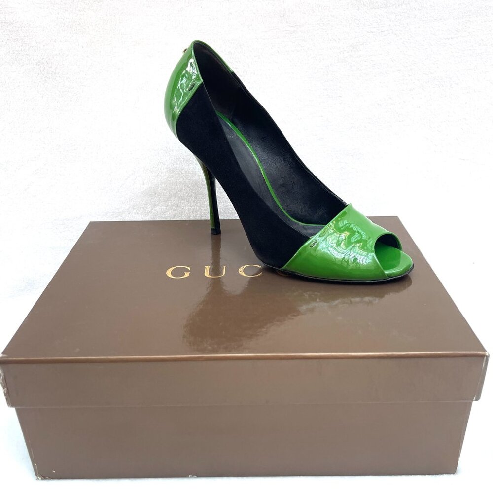 Auc Gucci Sand Pelle peep toe two tone leather pumps 7